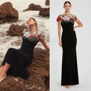 Mac Duggal NEW‎ Black Floral Embellished Jersey Fitted Gown $598 - Size 14